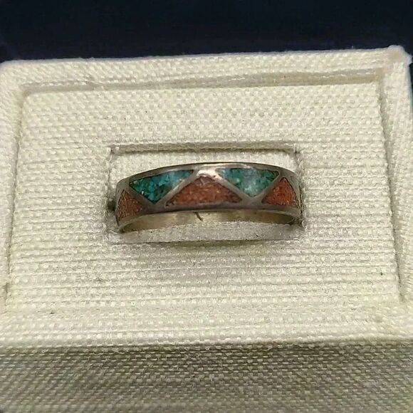 Sterling silver Navajo crushed coral and turquoise band ring - Picture 1 of 2